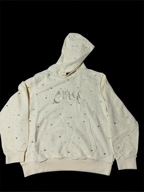 GFTD LA Rhinestone Gothic Logo Hoodie Cream Size Large